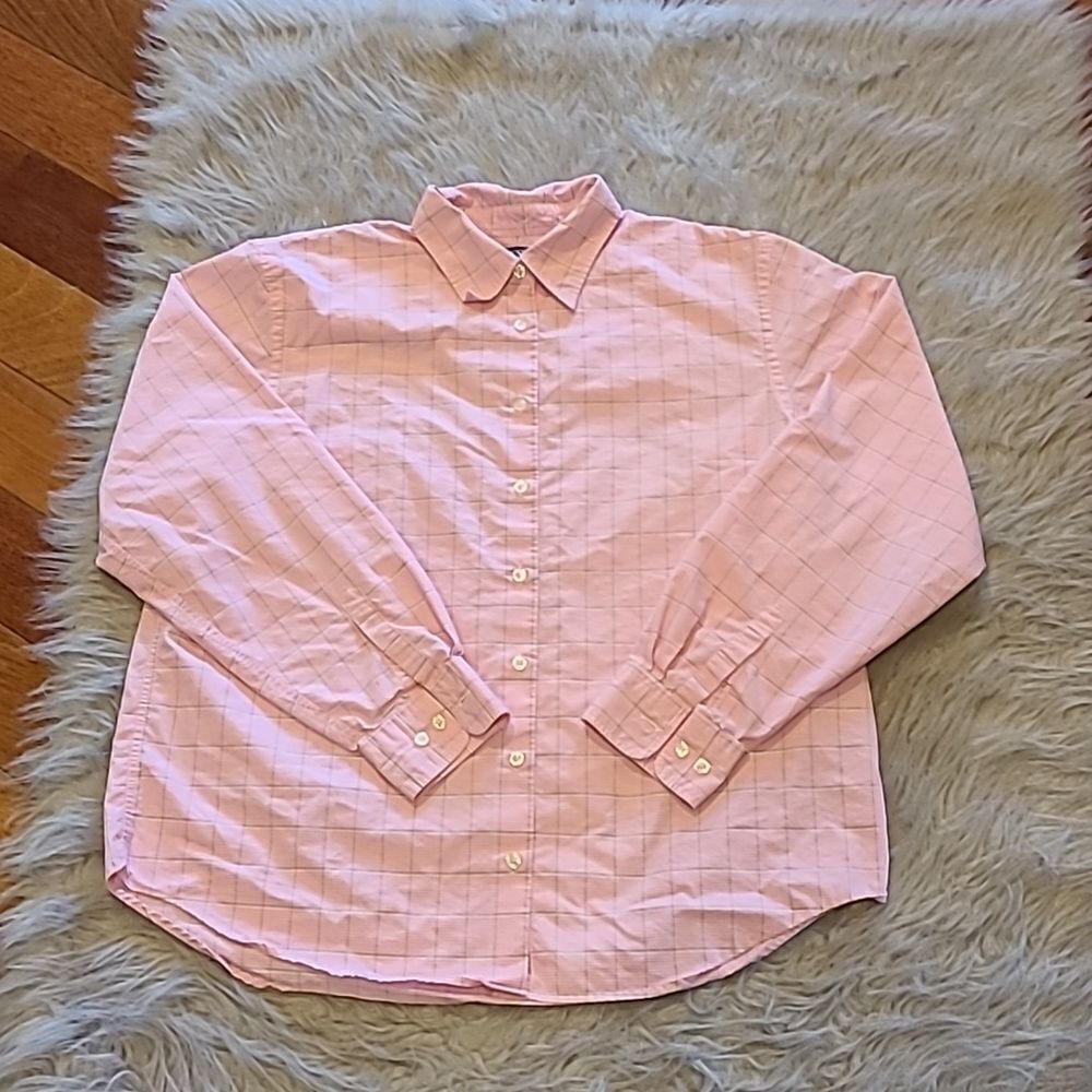 Lands end womens citton pibk and gray long sleeve button down shirt size 14